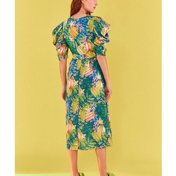 Farm Rio Star Fruit Puff Sleeve Midi Dress Size L NWT - Picture 4 of 15
